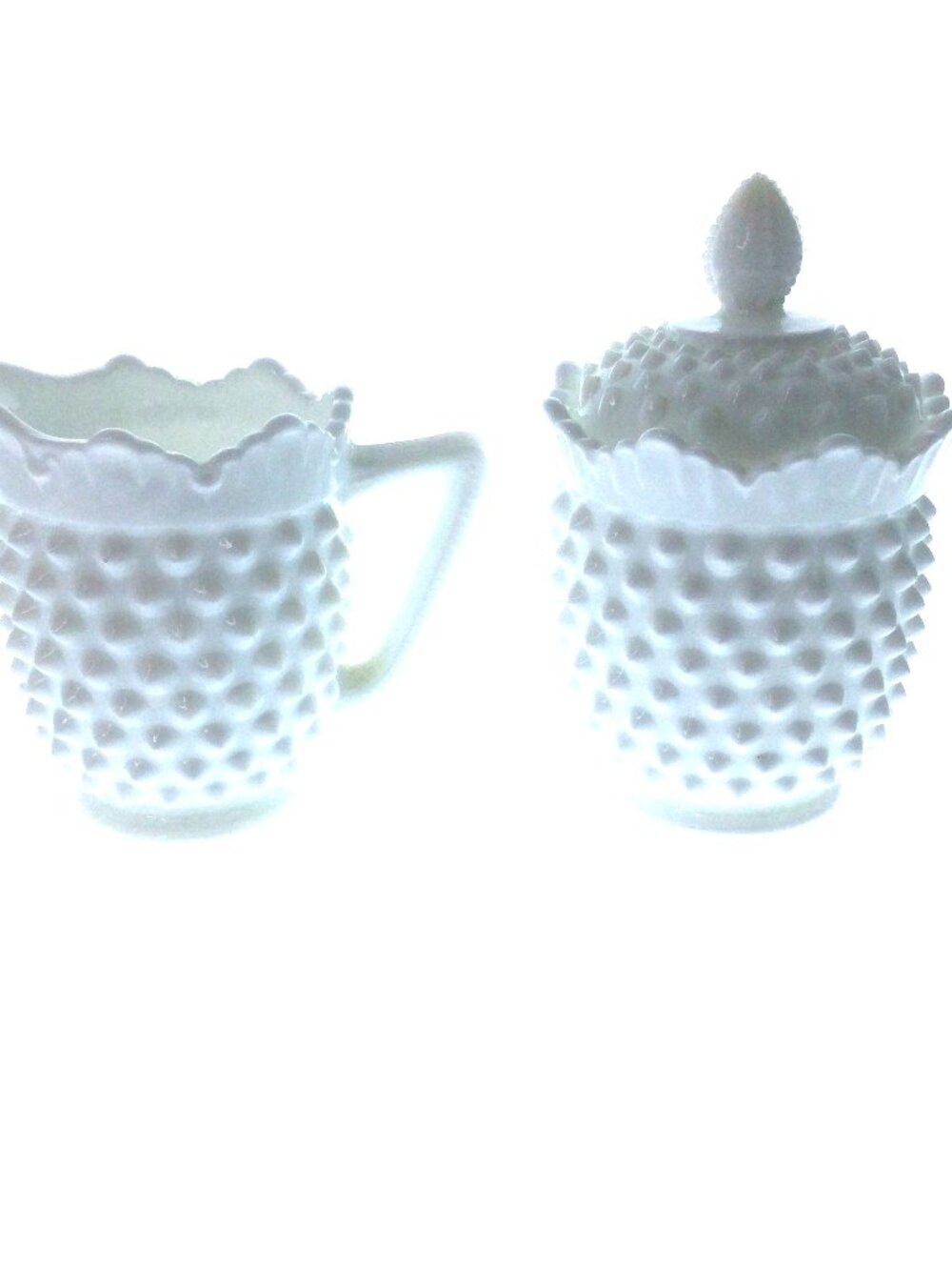 Vintage Hobnail Milk Glass Creamer & Covered Sugar Bowl Set White Lidded